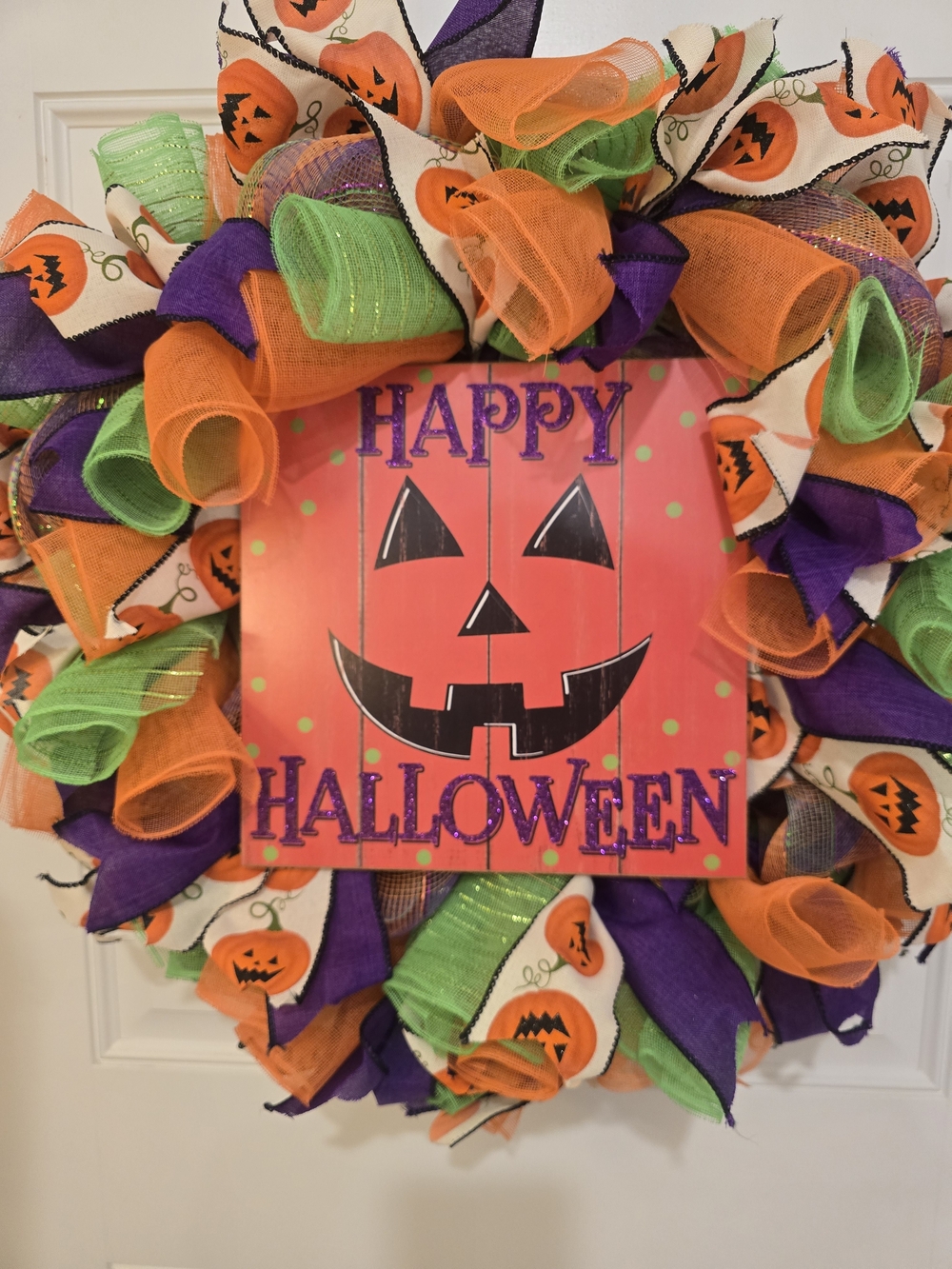 Happy Halloween Pumpkin Wreath - Orange, Purple & Green